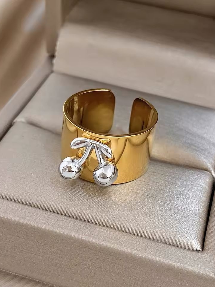 Gold Wide Band Ring With Silver Cherry Accents
